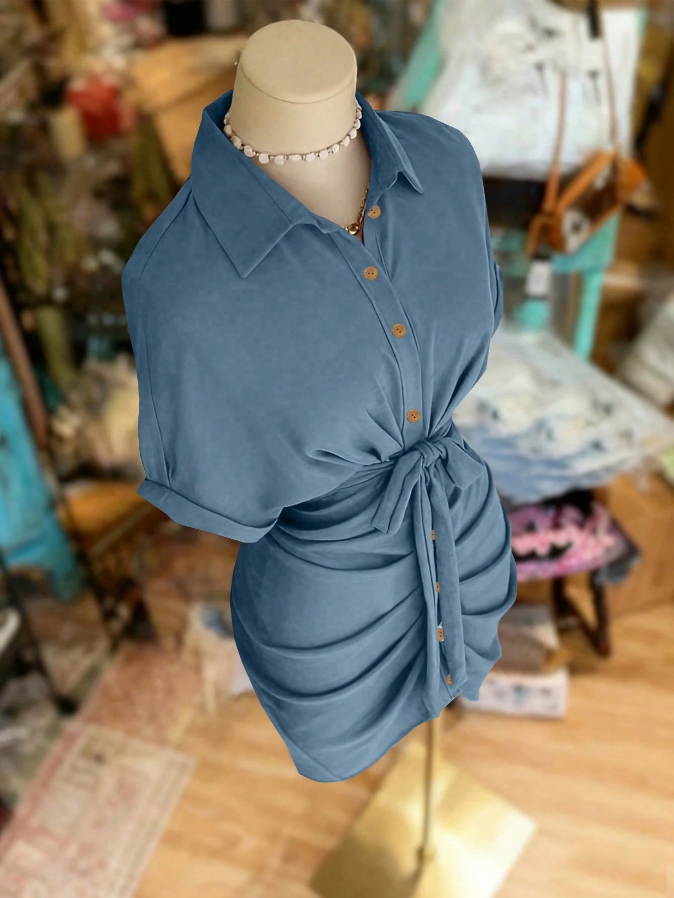 NostaNoir Women's Solid Color Single-Breasted Knotted Pleated Casual Party Travel Shirt Dress