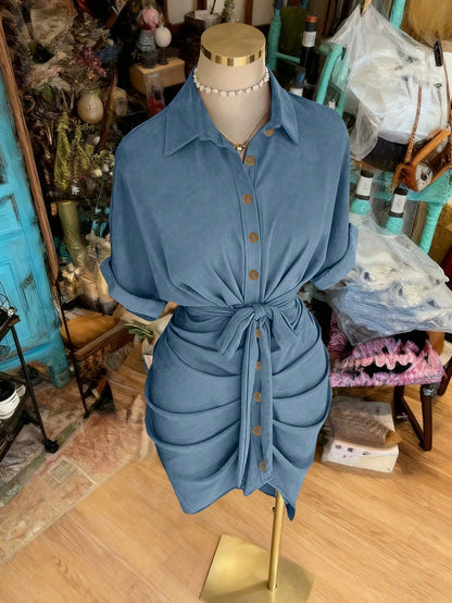 NostaNoir Women's Solid Color Single-Breasted Knotted Pleated Casual Party Travel Shirt Dress