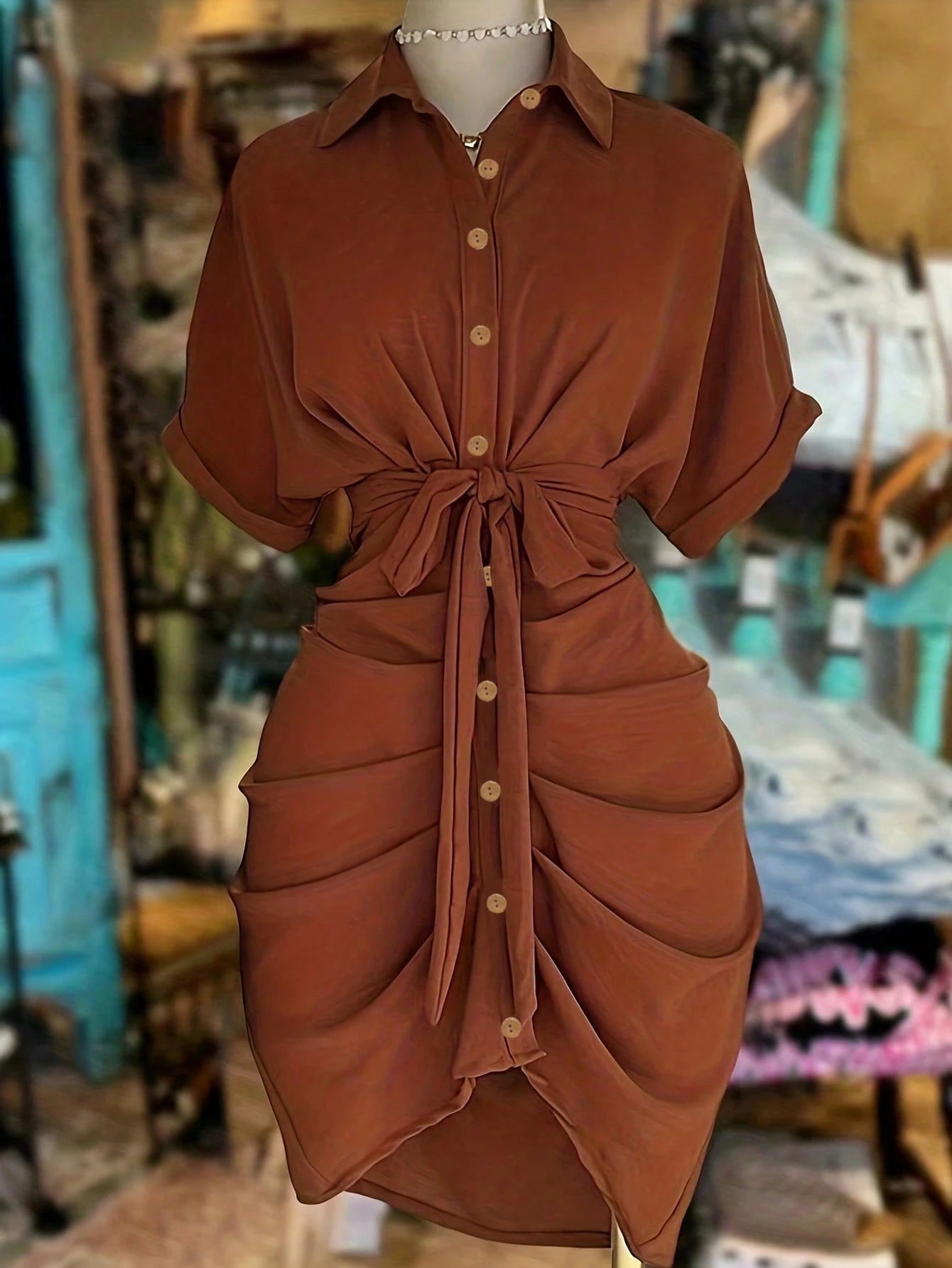 NostaNoir Women's Solid Color Single-Breasted Knotted Pleated Casual Party Travel Shirt Dress