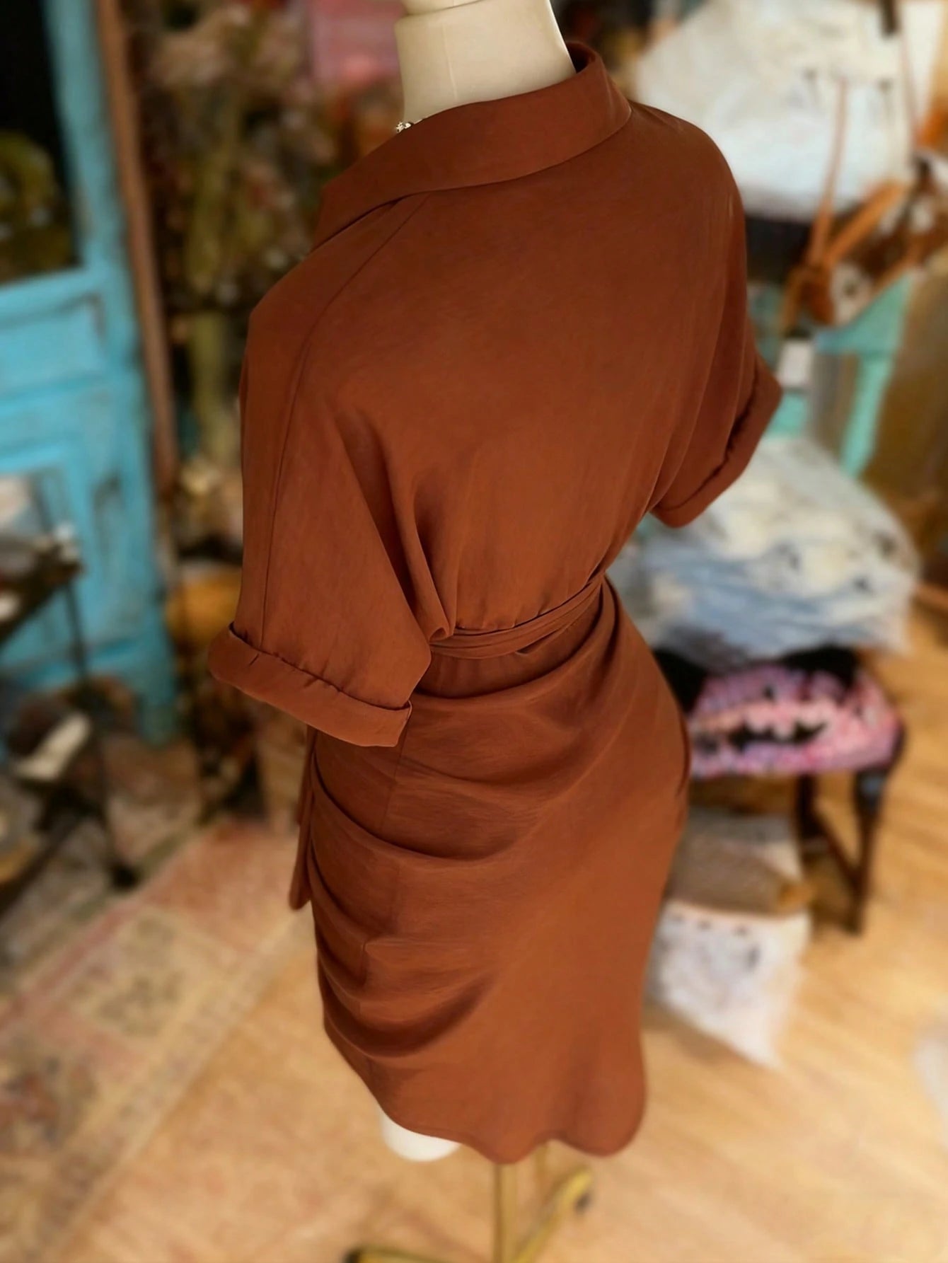 NostaNoir Women's Solid Color Single-Breasted Knotted Pleated Casual Party Travel Shirt Dress