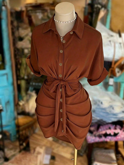 NostaNoir Women's Solid Color Single-Breasted Knotted Pleated Casual Party Travel Shirt Dress