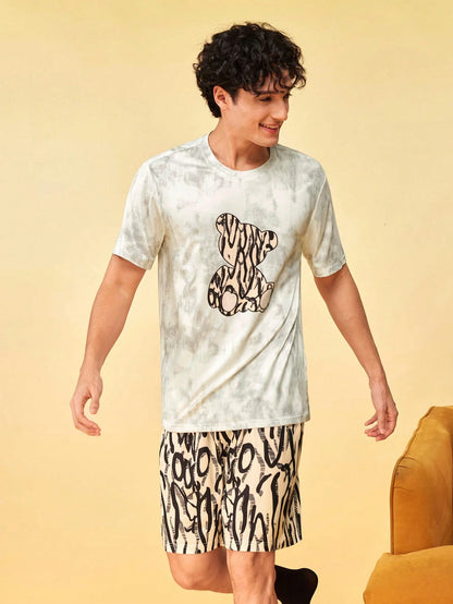 Notgurli Men's Summer Printed Round Neck Fashion Casual Sports Home Wear Set, Short Sleeve T-Shirt And Shorts 2-Piece Set