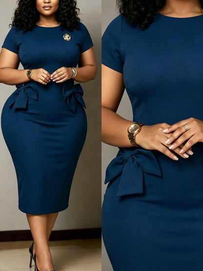 NOU Women's Mid-Length Dress With Modest Boat Neckline To Flatter Neck, Basic Short Sleeves, Simple And Easy To Match, Waist-Defining Bodycon Silhouette To Highlight S-Curve Figure, Large Bow Decorati