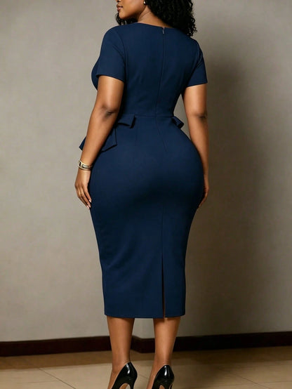 NOU Women's Mid-Length Dress With Modest Boat Neckline To Flatter Neck, Basic Short Sleeves, Simple And Easy To Match, Waist-Defining Bodycon Silhouette To Highlight S-Curve Figure, Large Bow Decorati