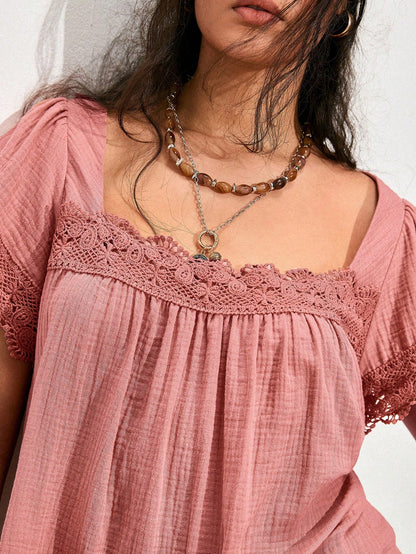 Nubod Women's Square Neck Short Sleeve Lace Patchwork Pleated Comfortable Solid Color Summer Plus Size Blouse