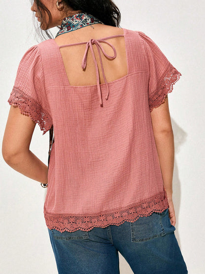 Nubod Women's Square Neck Short Sleeve Lace Patchwork Pleated Comfortable Solid Color Summer Plus Size Blouse