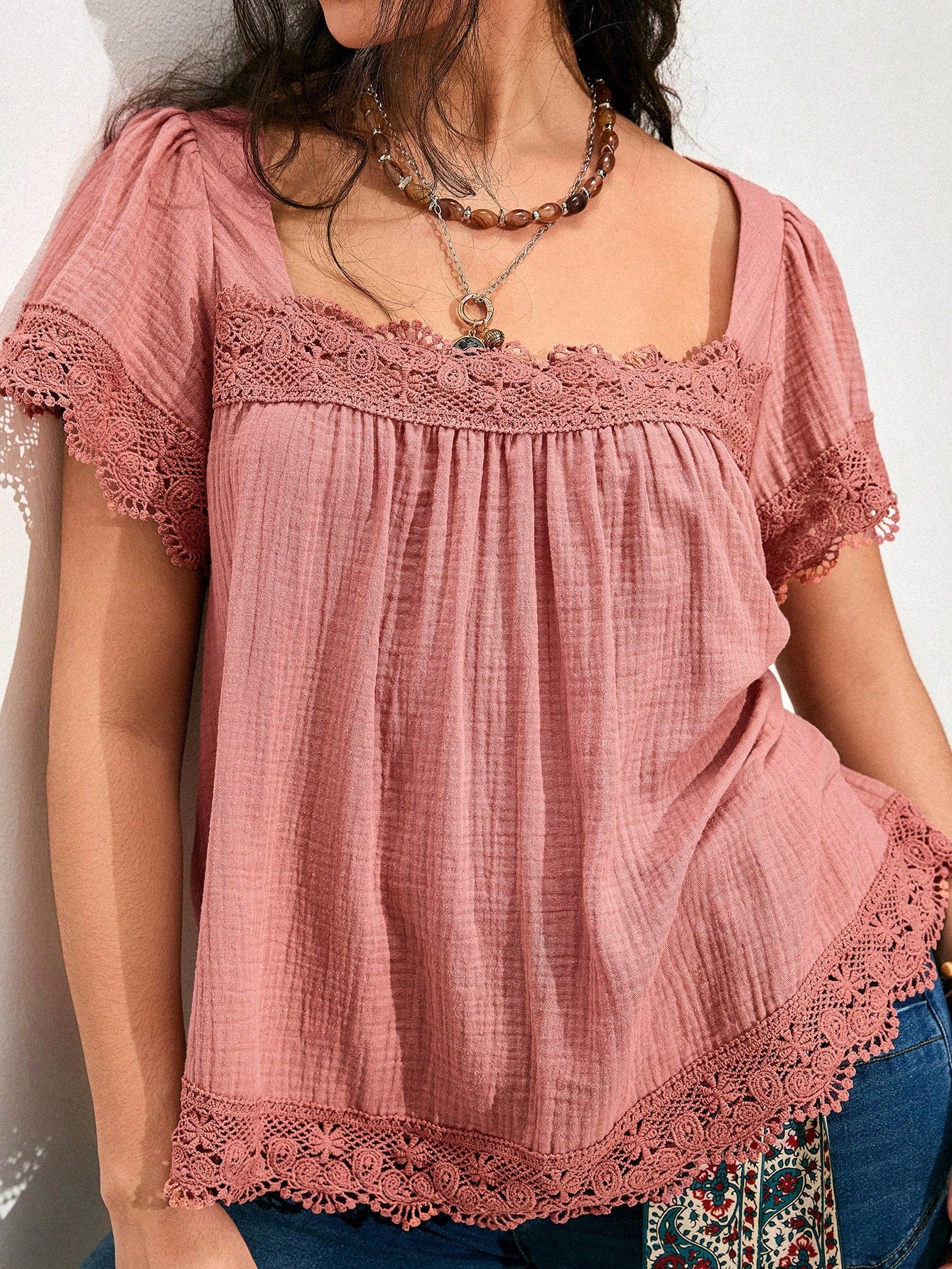 Nubod Women's Square Neck Short Sleeve Lace Patchwork Pleated Comfortable Solid Color Summer Plus Size Blouse