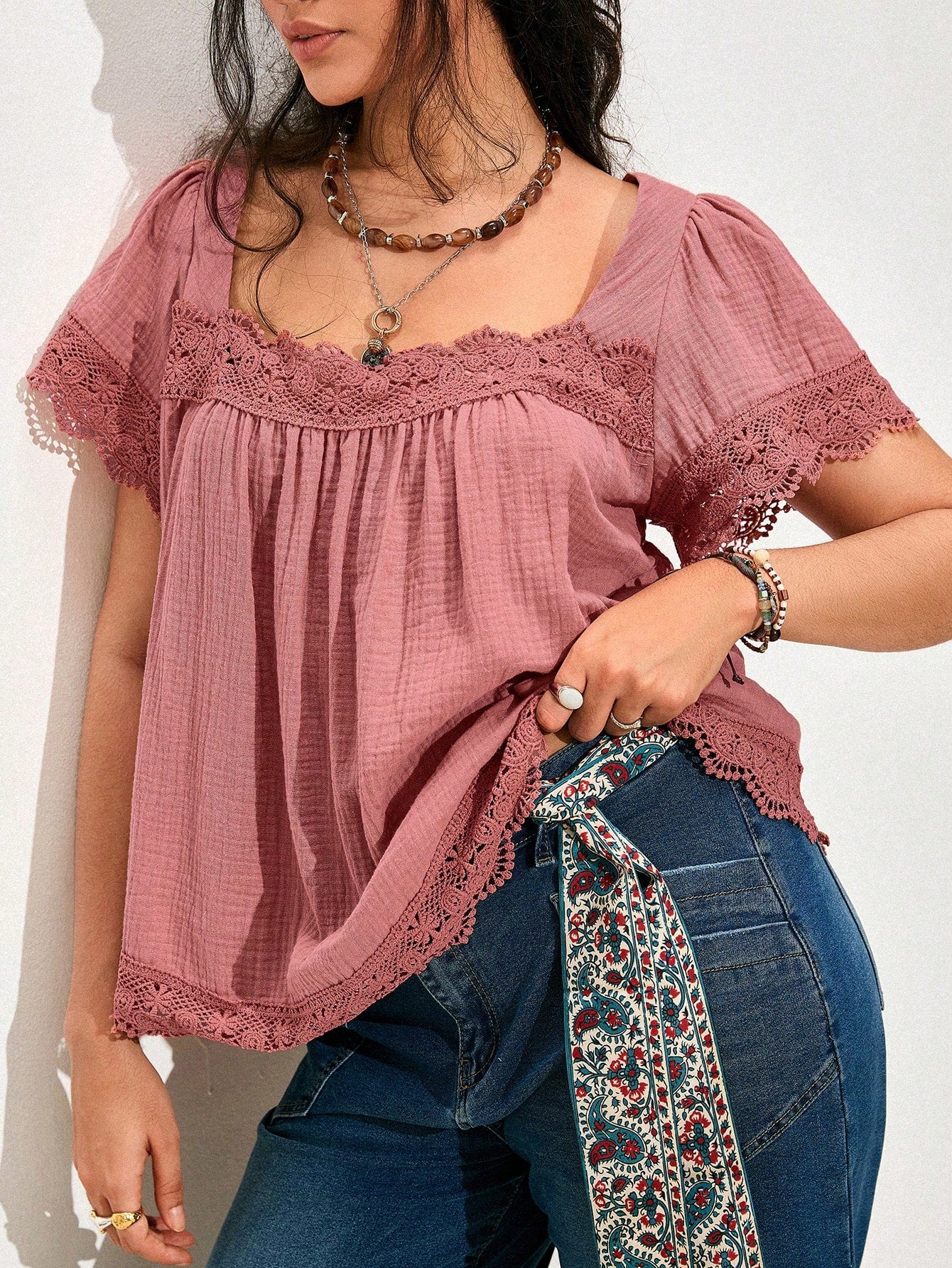 Nubod Women's Square Neck Short Sleeve Lace Patchwork Pleated Comfortable Solid Color Summer Plus Size Blouse