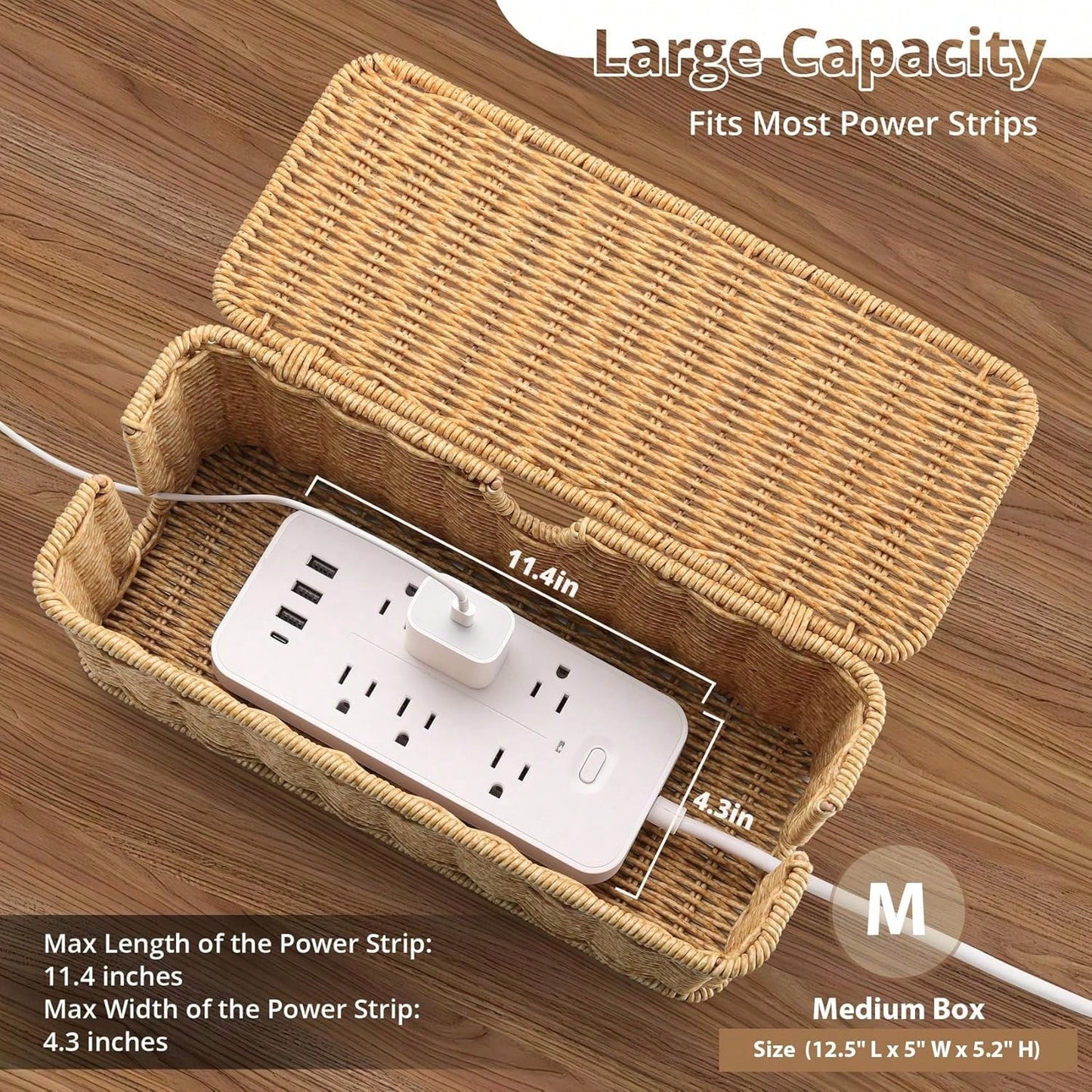 Oaoleer 1PC Cable Management Box, Handmade Imitation Rattan Cord Cable Organizer, Open Slots Cords Hider Box Cord Basket Under Desk Cord Organizer For Compute