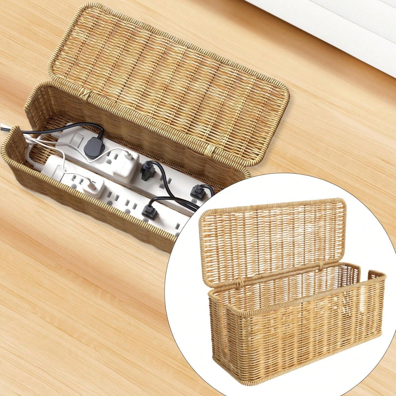 Oaoleer 1PC Cable Management Box, Handmade Imitation Rattan Cord Cable Organizer, Open Slots Cords Hider Box Cord Basket Under Desk Cord Organizer For Compute
