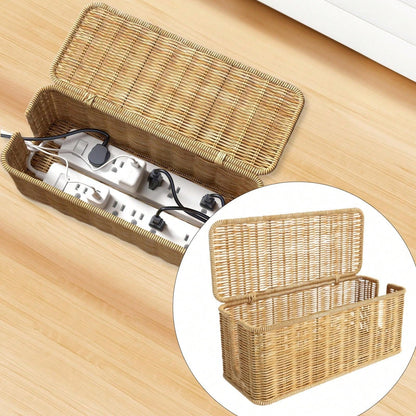Oaoleer 1PC Cable Management Box, Handmade Imitation Rattan Cord Cable Organizer, Open Slots Cords Hider Box Cord Basket Under Desk Cord Organizer For Compute