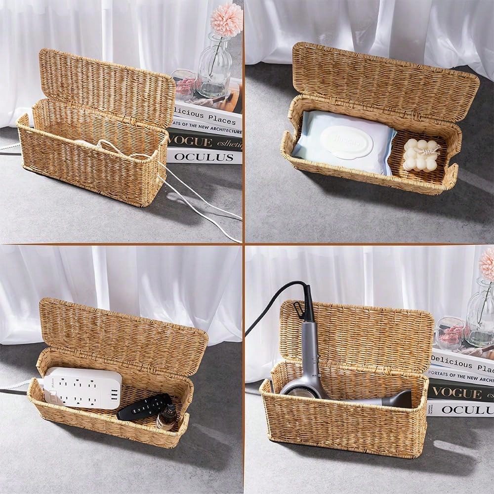 Oaoleer 1PC Cable Management Box, Handmade Imitation Rattan Cord Cable Organizer, Open Slots Cords Hider Box Cord Basket Under Desk Cord Organizer For Compute