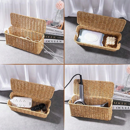 Oaoleer 1PC Cable Management Box, Handmade Imitation Rattan Cord Cable Organizer, Open Slots Cords Hider Box Cord Basket Under Desk Cord Organizer For Compute