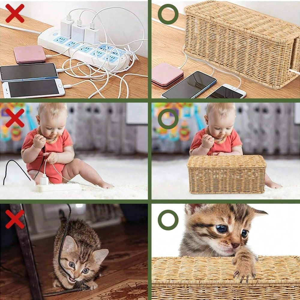 Oaoleer 1PC Cable Management Box, Handmade Imitation Rattan Cord Cable Organizer, Open Slots Cords Hider Box Cord Basket Under Desk Cord Organizer For Compute