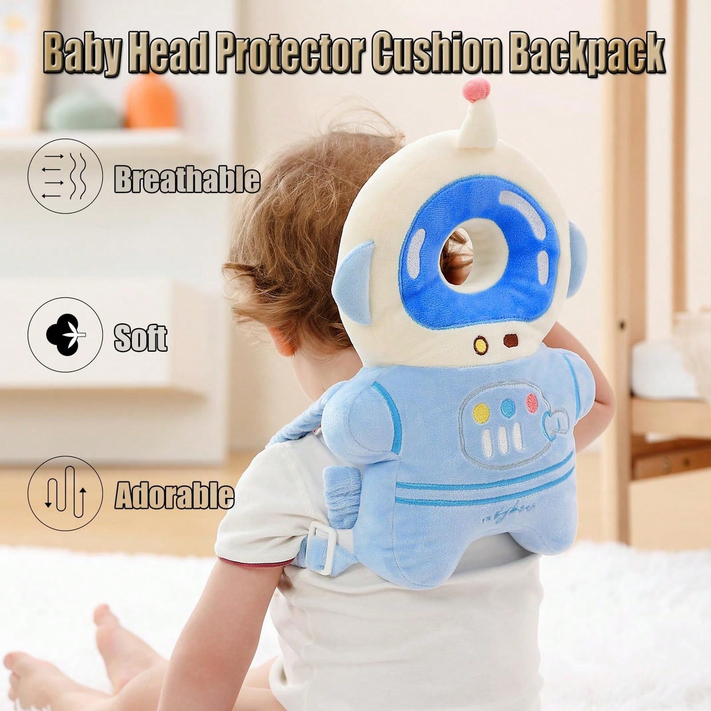 Oaoleer 1Set 7PCS Baby Head Protector Cushion Backpack With 3 Knee Pads- Adjustable Safety Pad For Toddler Walking & Crawling, Astronaut Design Baby Walker Protection