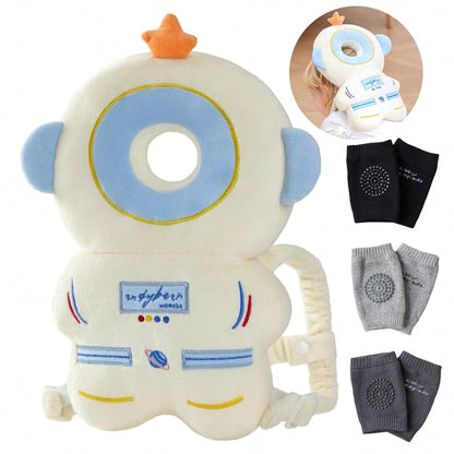 Oaoleer 1Set 7PCS Baby Head Protector Cushion Backpack With 3 Knee Pads- Adjustable Safety Pad For Toddler Walking & Crawling, Astronaut Design Baby Walker Protection