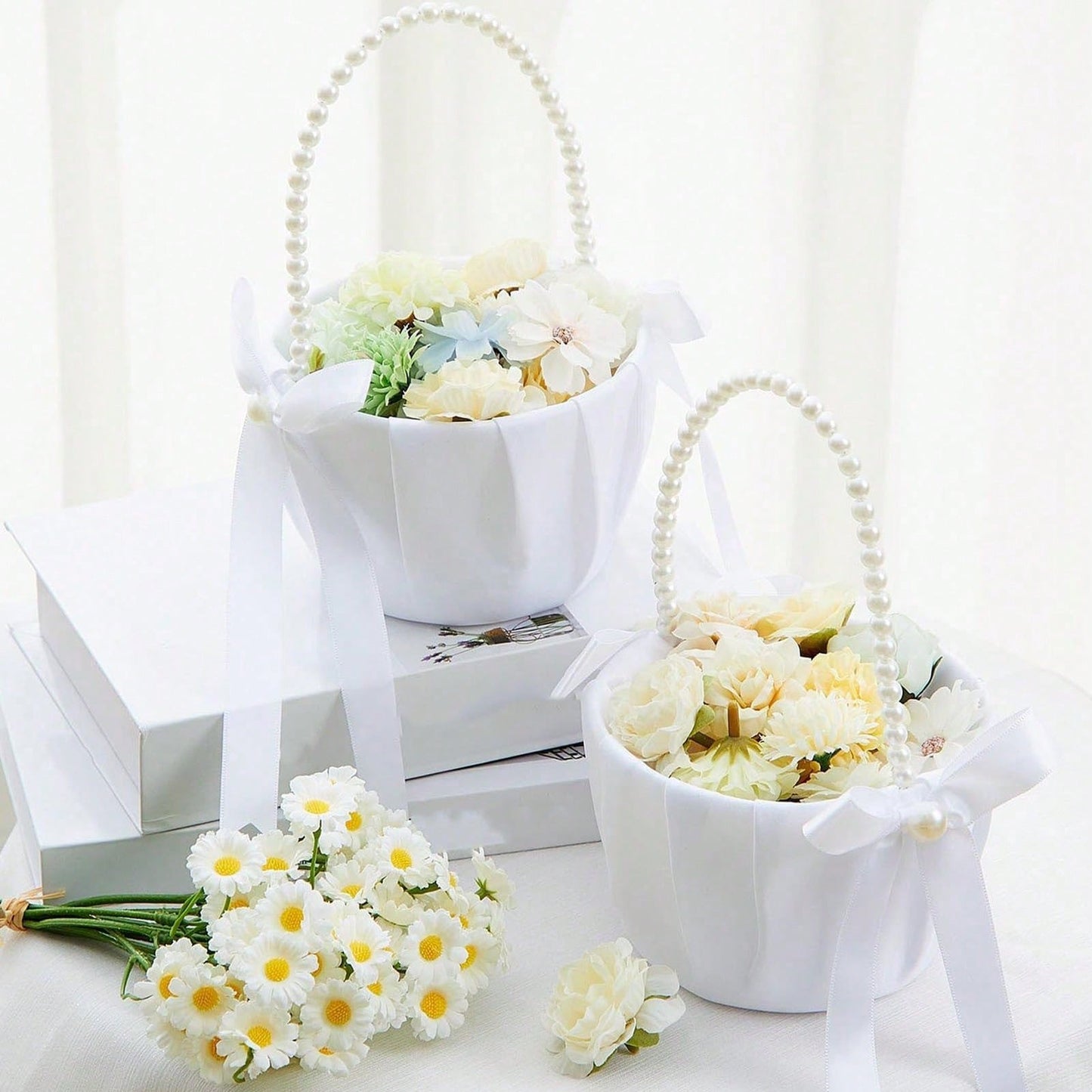 OBOVAY 1pc Flower Girl Basket/100pcs Petals- Satin Flower Basket, Suitable For Wedding Ceremony, Baby Shower Party, Wedding Decoration, Ceremony, Bridal Shower