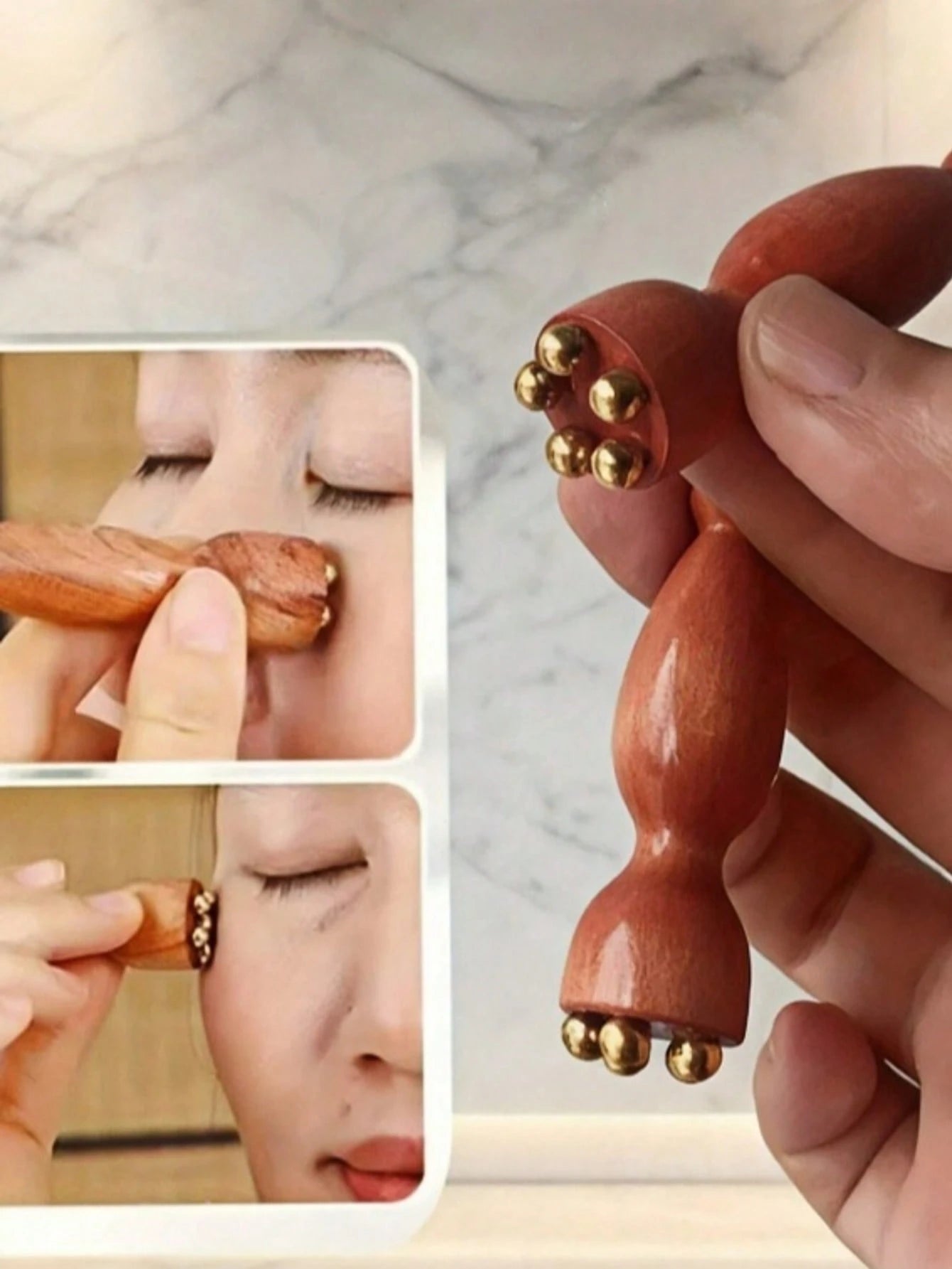 OBOVAY 2pcs Pure Brass Facial Massage Tool| Lotus Shaped Facial Beauty Scrub, Eye And Face Acupressure Massager For Skincare, Wooden Traditional Chinese Medicine Acupressure Massager