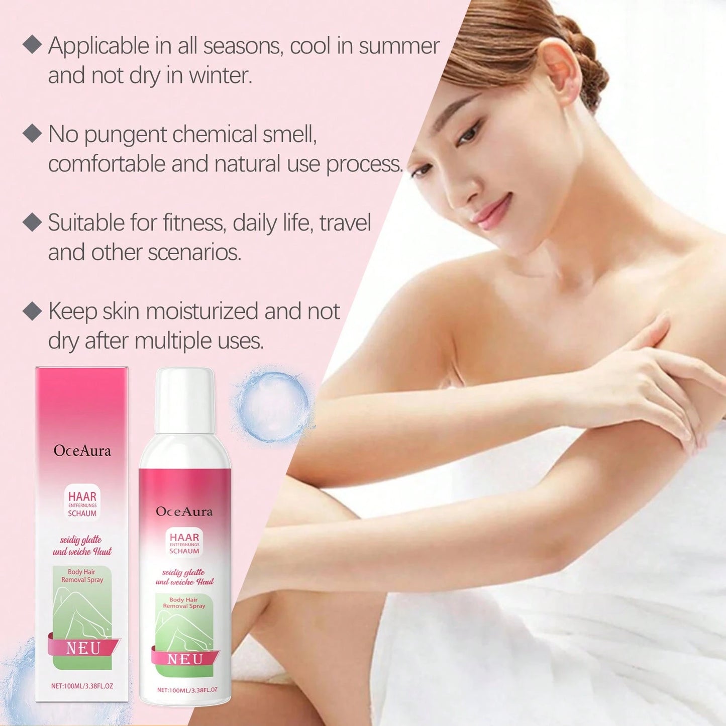 OceAura 100ml Portable Body Hair Removal Spray Foam Texture Mild Body Beauty Treatment Spray Leave Skin Silky Soft For Arms Armpit Leg Daily Home Body Care Supplies