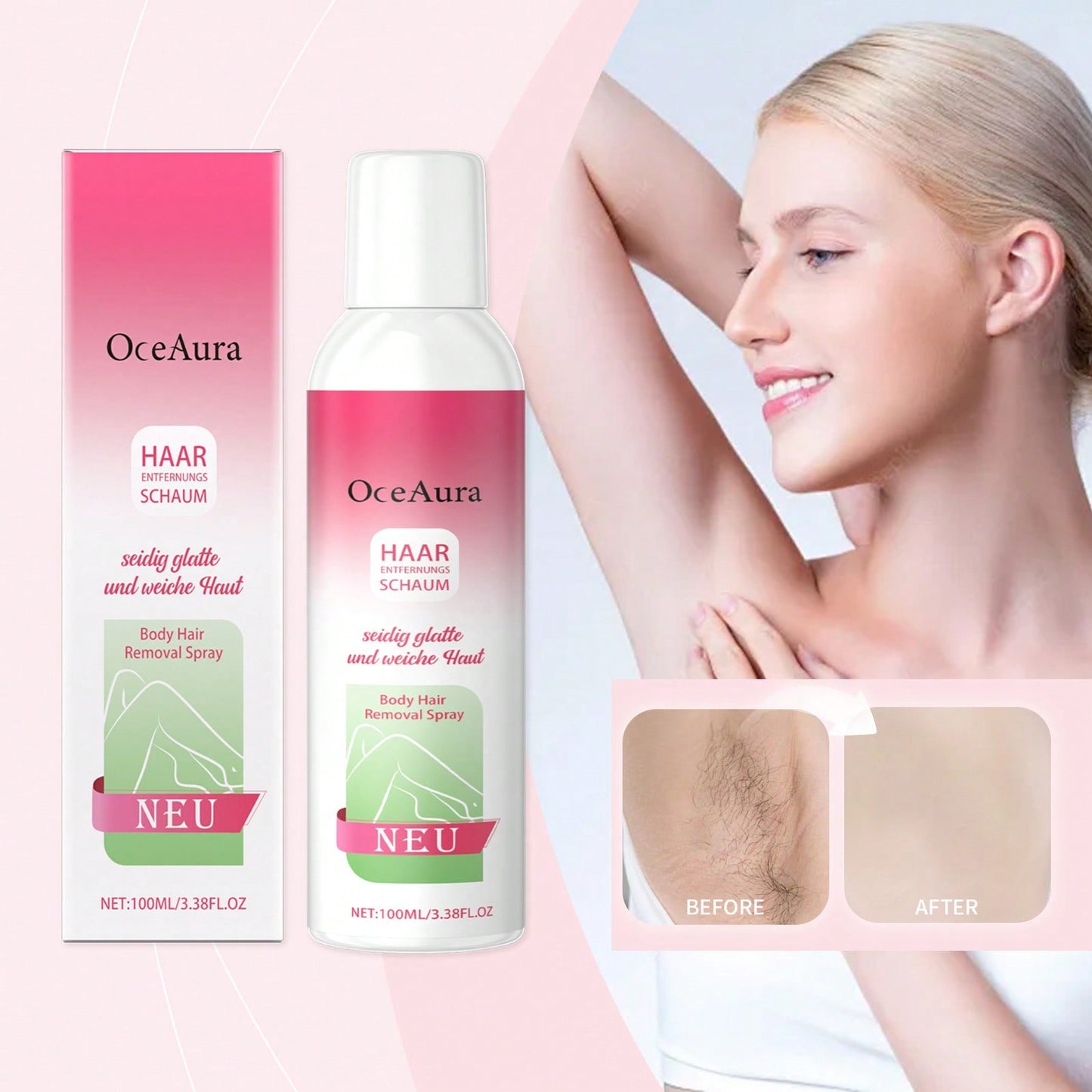 OceAura 100ml Portable Body Hair Removal Spray Foam Texture Mild Body Beauty Treatment Spray Leave Skin Silky Soft For Arms Armpit Leg Daily Home Body Care Supplies