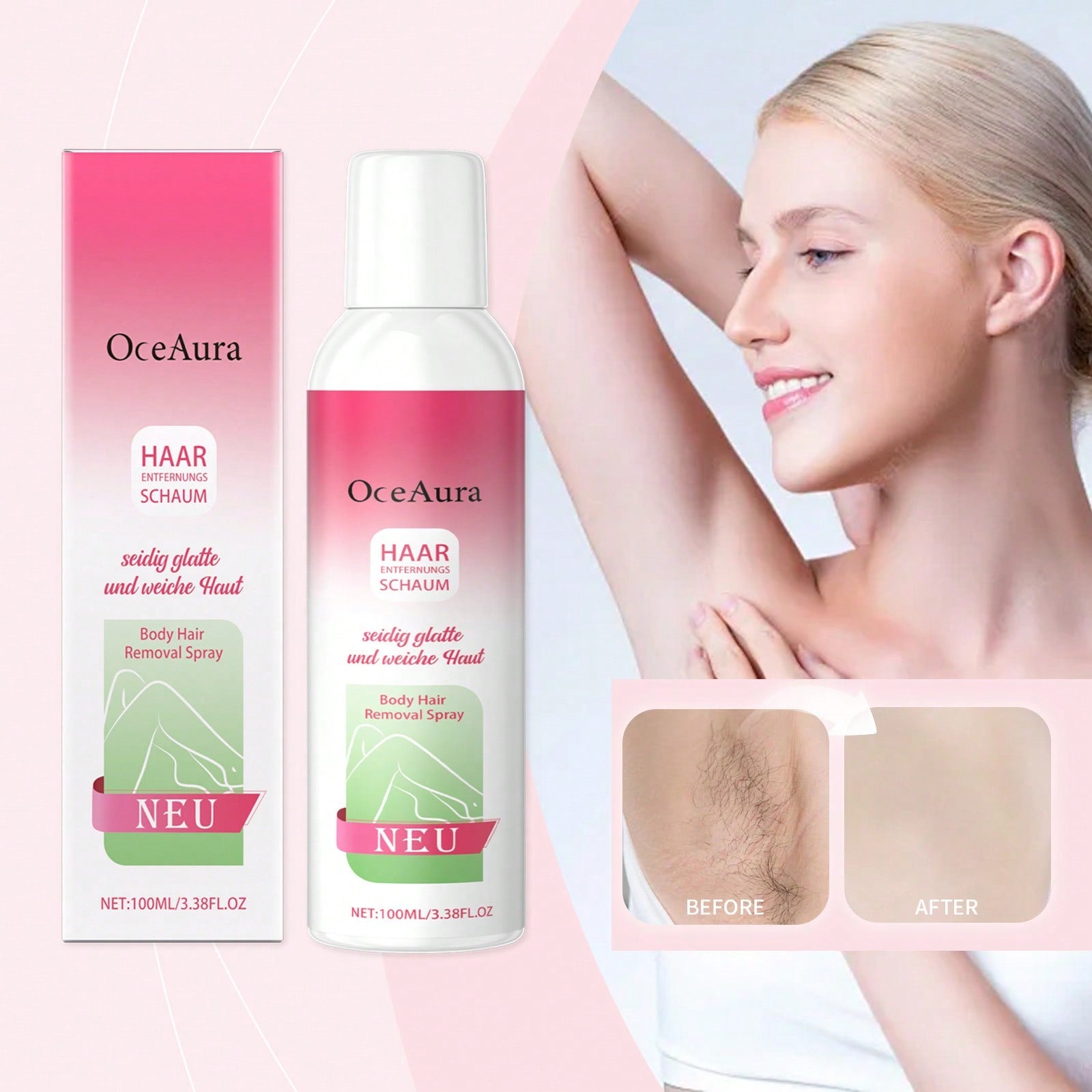 OceAura 100ml Portable Body Hair Removal Spray Foam Texture Mild Body Beauty Treatment Spray Leave Skin Silky Soft For Arms Armpit Leg Daily Home Body Care Supplies