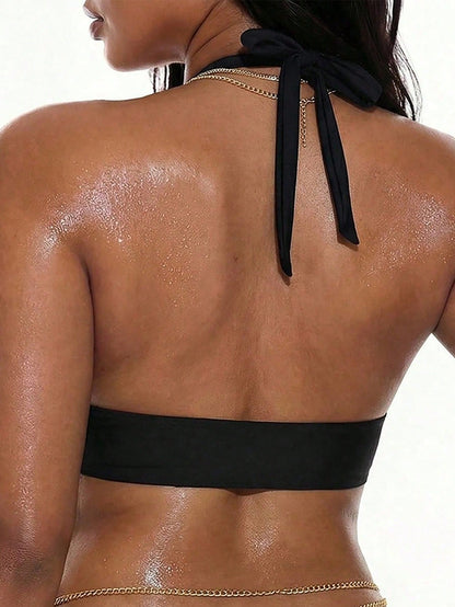 Oceva 2026 New Plus Size Black Hollow-Out Metal Accessory Connected Halter Strap Minimalist Elegant Sexy Beach Vacation Women Swimwear Top