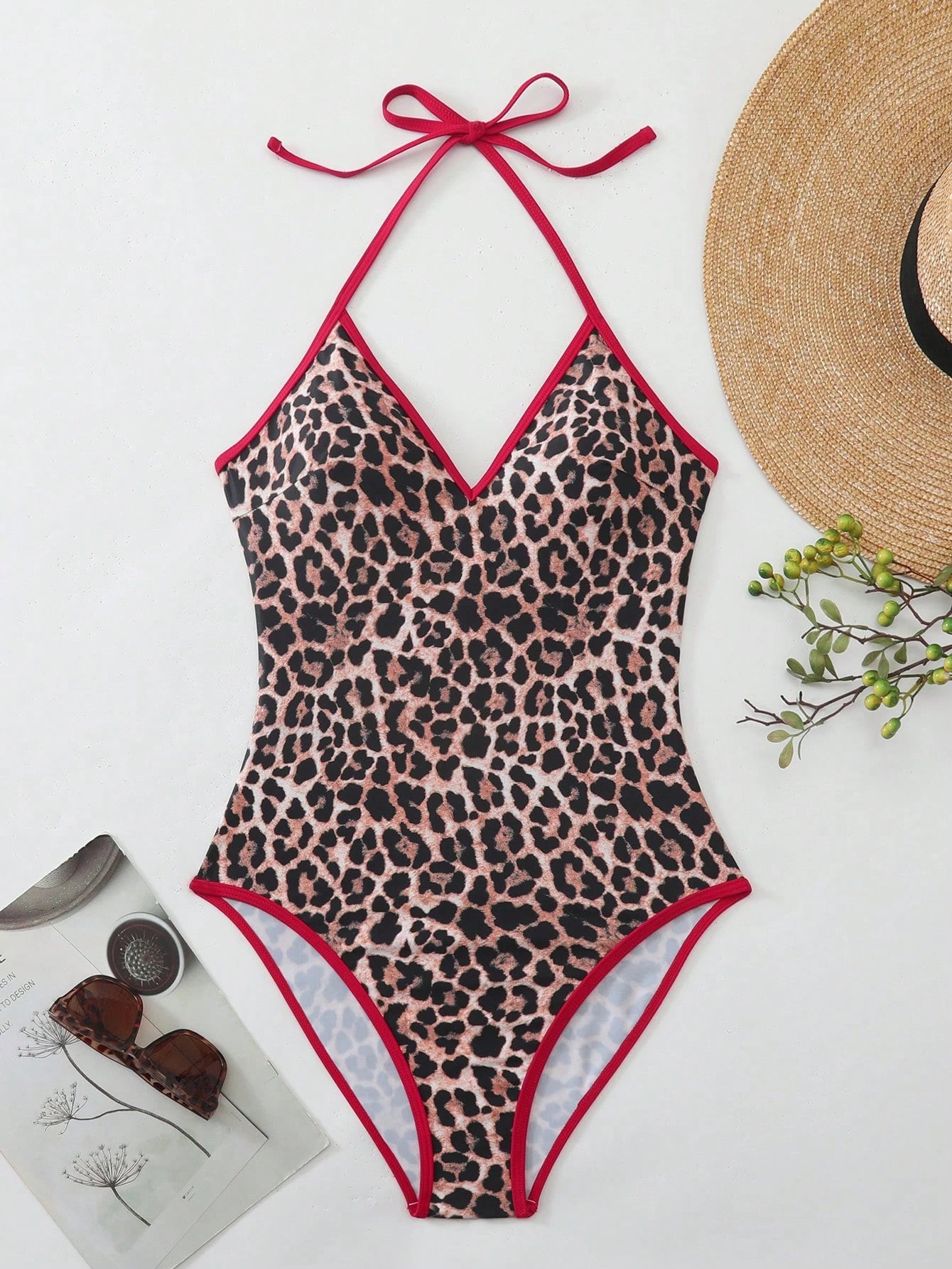 Oceva Women's One-Piece Leopard Print Swimsuit,Halter Backless High Cut Bathing Suit,Cute Beige Summer Holiday Beach Party Outfit,Festival Swimwear