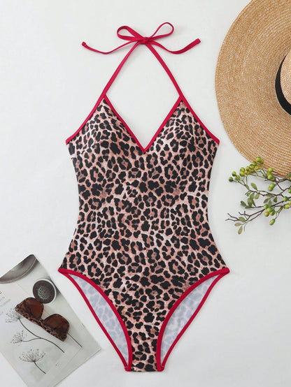 Oceva Women's One-Piece Leopard Print Swimsuit,Halter Backless High Cut Bathing Suit,Cute Beige Summer Holiday Beach Party Outfit,Festival Swimwear