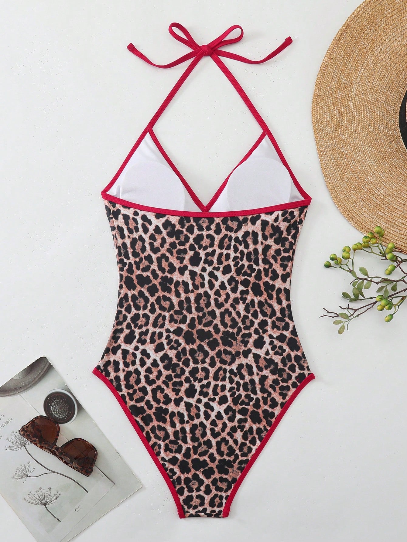 Oceva Women's One-Piece Leopard Print Swimsuit,Halter Backless High Cut Bathing Suit,Cute Beige Summer Holiday Beach Party Outfit,Festival Swimwear