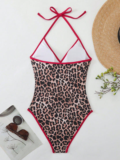 Oceva Women's One-Piece Leopard Print Swimsuit,Halter Backless High Cut Bathing Suit,Cute Beige Summer Holiday Beach Party Outfit,Festival Swimwear