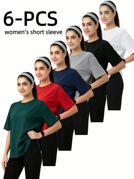 OKP 5 Pack Plus Size Women Short Sleeve T Shirts, Crew Neck Soft Cotton Loose Fit Casual Basic Tops Summer Tees