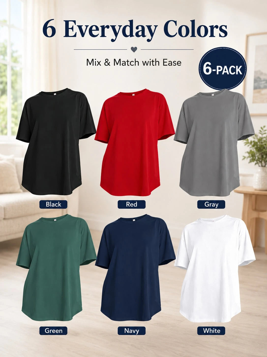 OKP 5 Pack Plus Size Women Short Sleeve T Shirts, Crew Neck Soft Cotton Loose Fit Casual Basic Tops Summer Tees