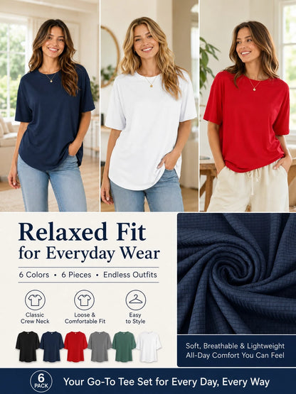 OKP 5 Pack Plus Size Women Short Sleeve T Shirts, Crew Neck Soft Cotton Loose Fit Casual Basic Tops Summer Tees