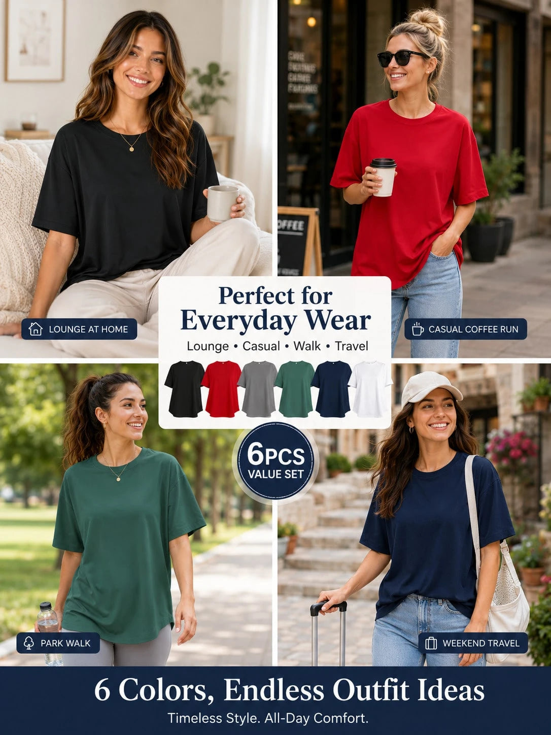 OKP 5 Pack Plus Size Women Short Sleeve T Shirts, Crew Neck Soft Cotton Loose Fit Casual Basic Tops Summer Tees