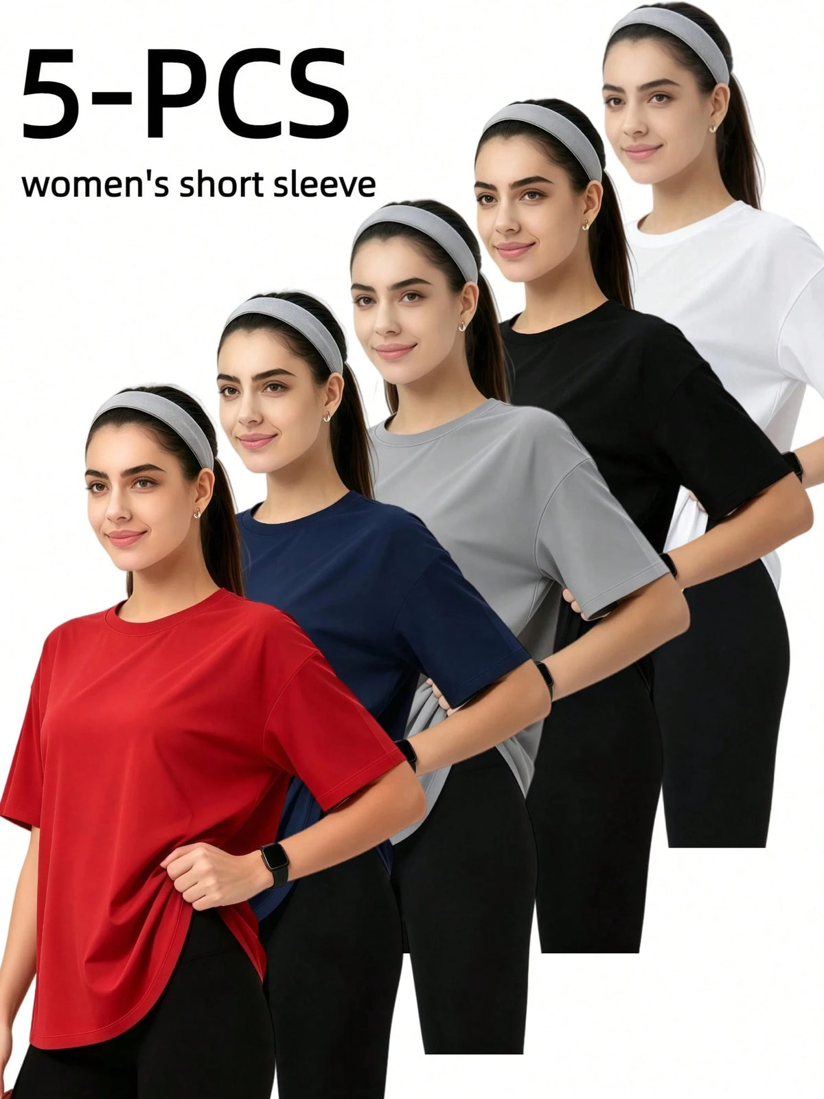 OKP 5 Pack Plus Size Women Short Sleeve T Shirts, Crew Neck Soft Cotton Loose Fit Casual Basic Tops Summer Tees