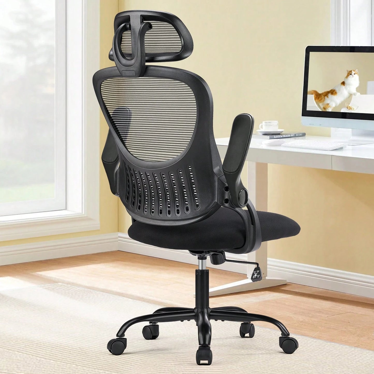 OLIXIS Office Computer Desk Chair, Ergonomic High-Back Mesh Rolling Work Chairs With Wheels And Adjustable Headrests, Comfortable Lumbar Support, Comfy Armrest For Home, Bedroom, Study,Black