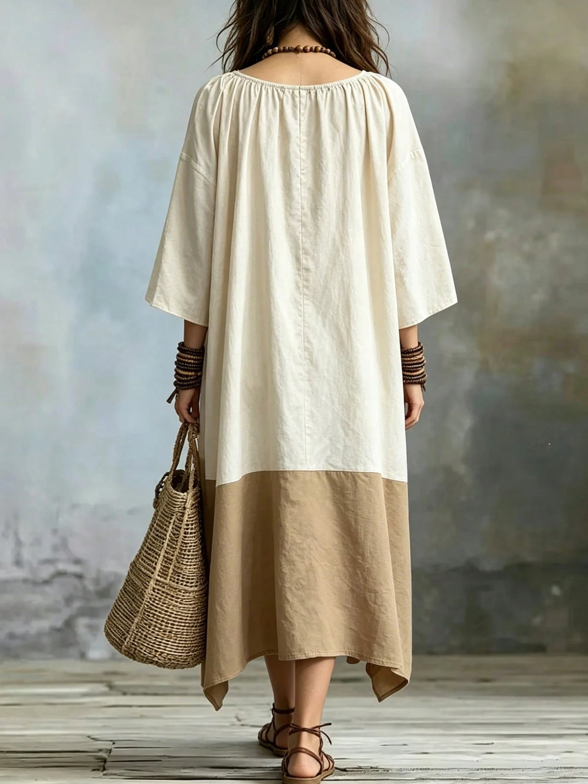 Omancia Women's Two Tone 3/4 Sleeve Maxi Dress, Boho Color Block Pocket Loose Irregular Hem Dress,Beach Loose Long Dress, For Beach Vacation Daily Travel Gath