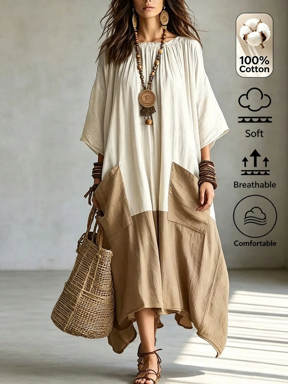 Omancia Women's Two Tone 3/4 Sleeve Maxi Dress, Boho Color Block Pocket Loose Irregular Hem Dress,Beach Loose Long Dress, For Beach Vacation Daily Travel Gath