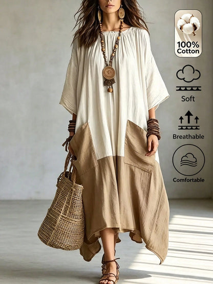 Omancia Women's Two Tone 3/4 Sleeve Maxi Dress, Boho Color Block Pocket Loose Irregular Hem Dress,Beach Loose Long Dress, For Beach Vacation Daily Travel Gath