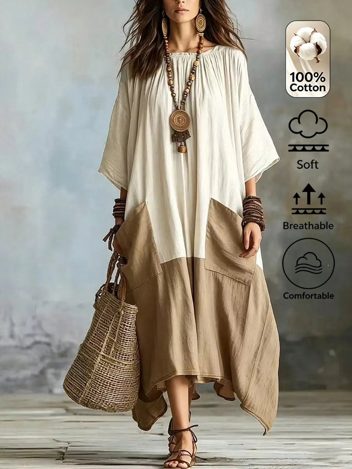 Omancia Women's Two Tone 3/4 Sleeve Maxi Dress, Boho Color Block Pocket Loose Irregular Hem Dress,Beach Loose Long Dress, For Beach Vacation Daily Travel Gath