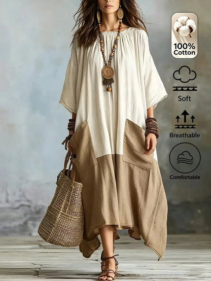 Omancia Women's Two Tone 3/4 Sleeve Maxi Dress, Boho Color Block Pocket Loose Irregular Hem Dress,Beach Loose Long Dress, For Beach Vacation Daily Travel Gath