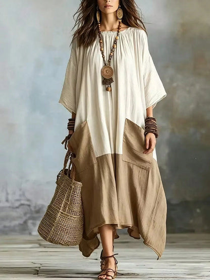 Omancia Women's Two Tone 3/4 Sleeve Maxi Dress, Boho Color Block Pocket Loose Irregular Hem Dress,Beach Loose Long Dress, For Beach Vacation Daily Travel Gath