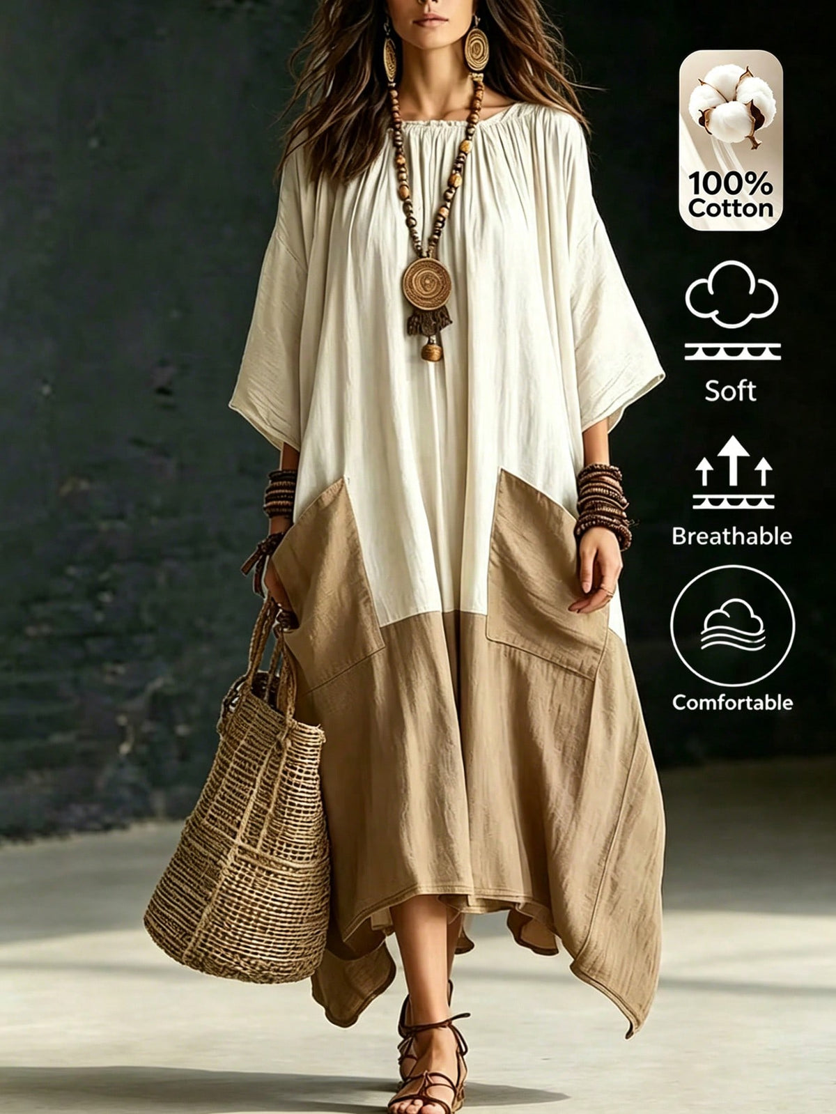 Omancia Women's Two Tone 3/4 Sleeve Maxi Dress, Boho Color Block Pocket Loose Irregular Hem Dress,Beach Loose Long Dress, For Beach Vacation Daily Travel Gath