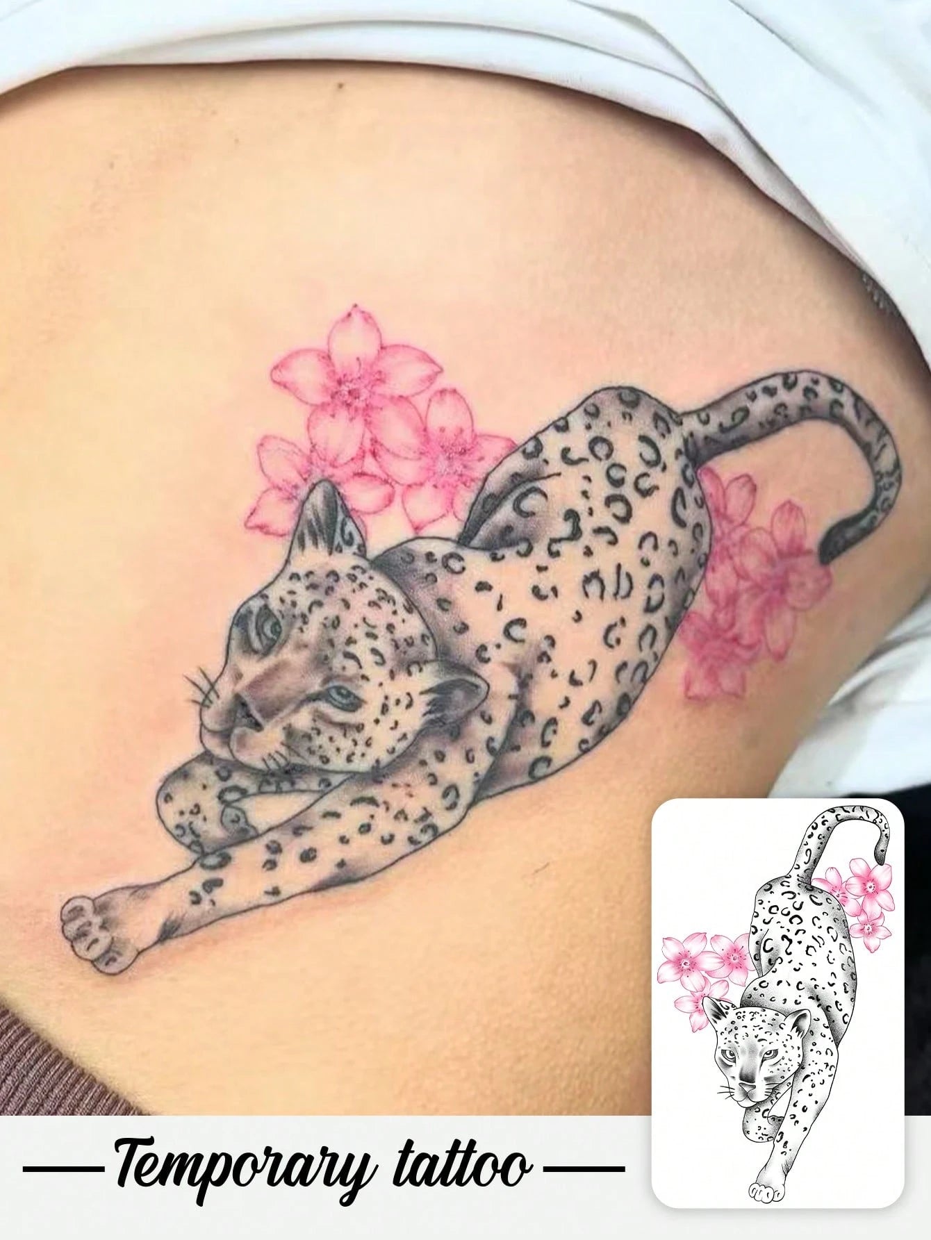 One Temporary Tattoo Sticker With A Y2K Style Cherry Blossom And Cheetah Design. Waterproof, Sweatproof, Washable, And Non-Reflective. Suitable For Arm And Shoulder Tattoos, Perfect For Individuals. L