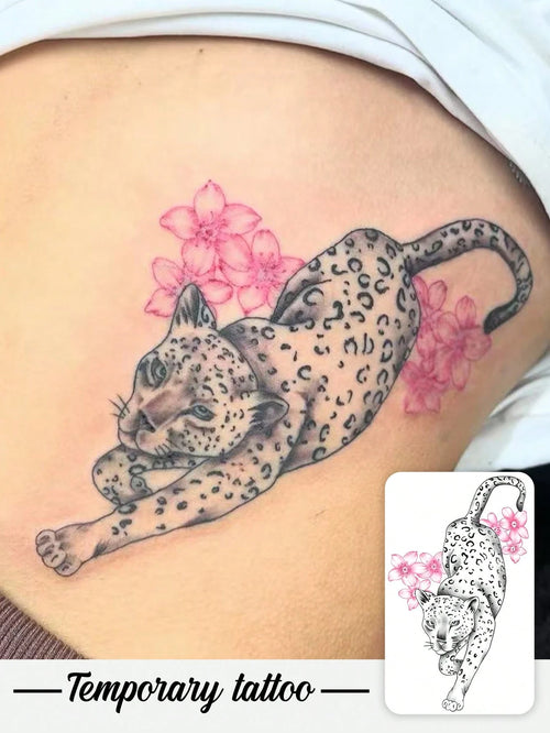 One Temporary Tattoo Sticker With A Y2K Style Cherry Blossom And Cheetah Design. Waterproof, Sweatproof, Washable, And Non-Reflective. Suitable For Arm And Shoulder Tattoos, Perfect For Individuals. L