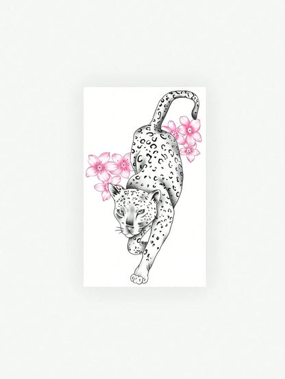 One Temporary Tattoo Sticker With A Y2K Style Cherry Blossom And Cheetah Design. Waterproof, Sweatproof, Washable, And Non-Reflective. Suitable For Arm And Shoulder Tattoos, Perfect For Individuals. L