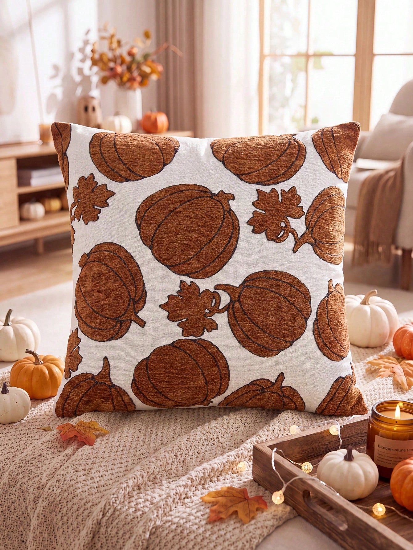 One/Two Pieces (No Stuffing) Pumpkin Pattern Pillow Cover, Stylish Vintage Jacquard Halloween Pattern Chenier Cushion Cover, Suitable For Home, Sofa, Bed, Bedroom, Cafe, Halloween Decoration Pillowcas