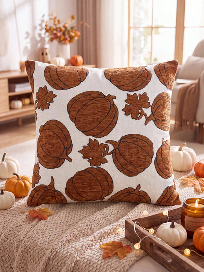 One/Two Pieces (No Stuffing) Pumpkin Pattern Pillow Cover, Stylish Vintage Jacquard Halloween Pattern Chenier Cushion Cover, Suitable For Home, Sofa, Bed, Bedroom, Cafe, Halloween Decoration Pillowcas