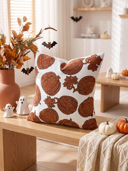 One/Two Pieces (No Stuffing) Pumpkin Pattern Pillow Cover, Stylish Vintage Jacquard Halloween Pattern Chenier Cushion Cover, Suitable For Home, Sofa, Bed, Bedroom, Cafe, Halloween Decoration Pillowcas