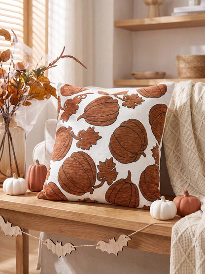 One/Two Pieces (No Stuffing) Pumpkin Pattern Pillow Cover, Stylish Vintage Jacquard Halloween Pattern Chenier Cushion Cover, Suitable For Home, Sofa, Bed, Bedroom, Cafe, Halloween Decoration Pillowcas